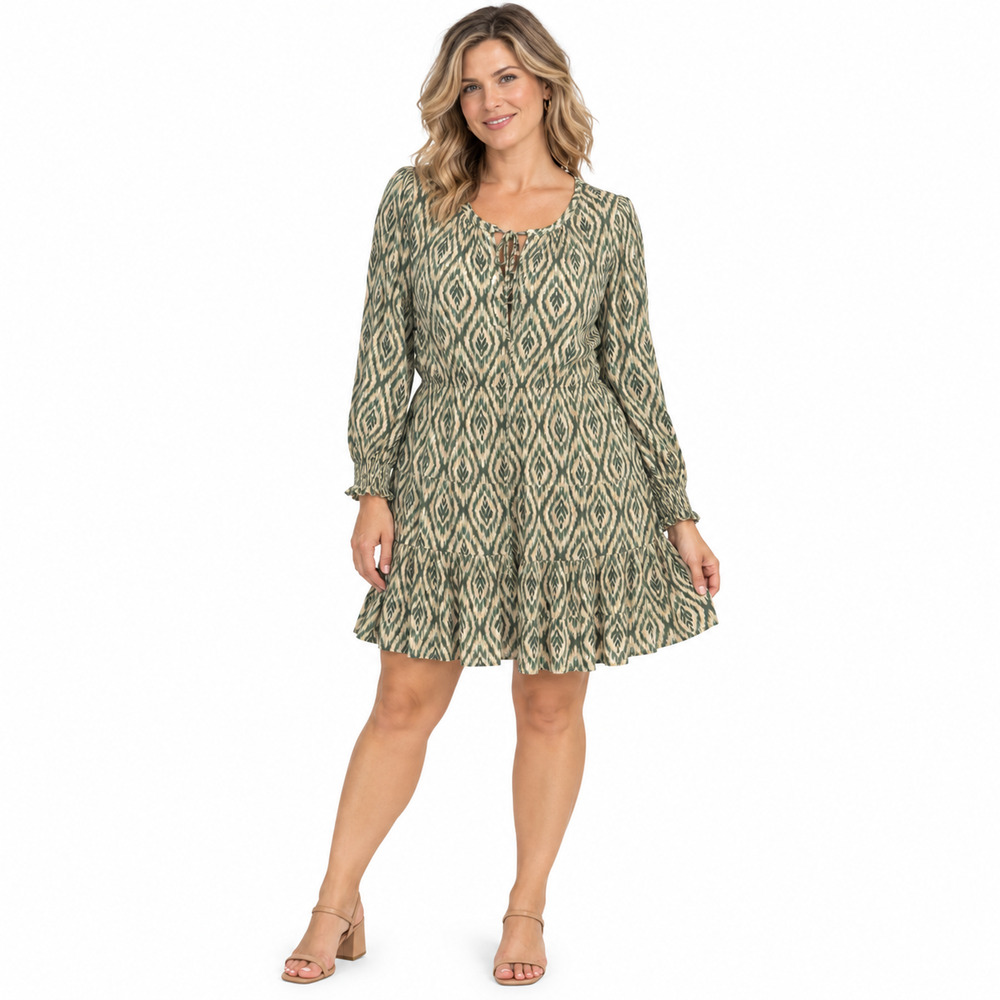 Daniel Rainn Womens Green Beige Mini Blouson Long Sleeve Tie Front Boho Dress L